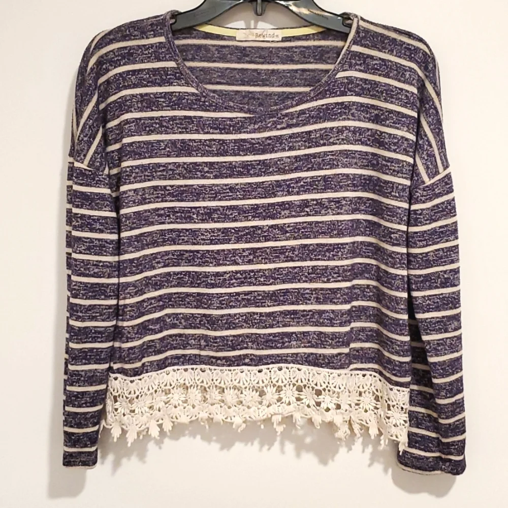 REWIND blue and white stripe 3/4 length sleeve crochet trim top tunic Lrg.